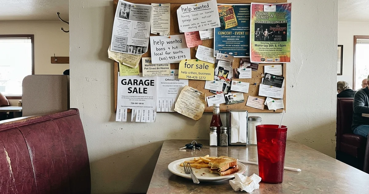 Restaurant community ad board seen from a booth seat