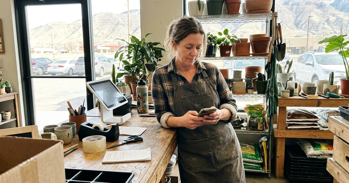 Owner reading a phone thoughtfully at a shop counter