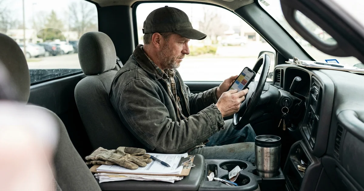 Business owner in a work truck reviewing a postcard proof on a phone