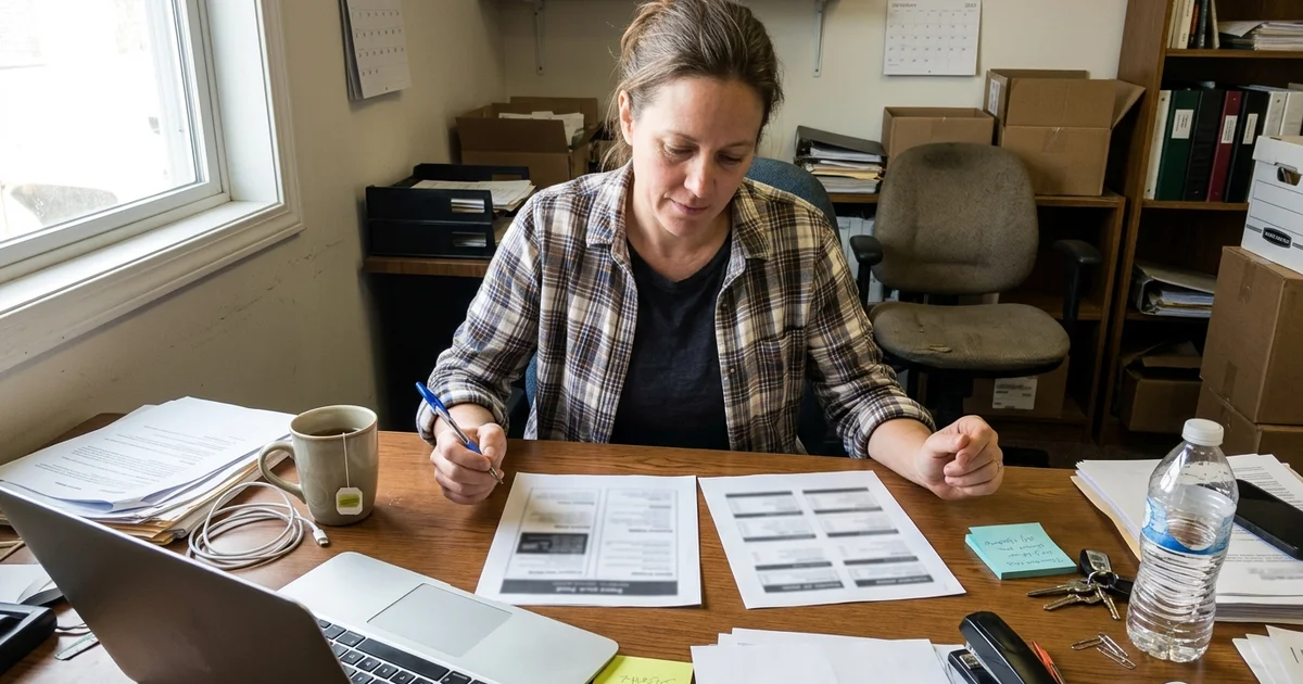 Owner weighing two printed options at a desk