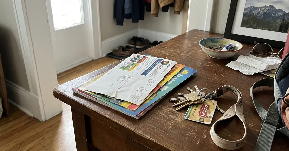 Three oversized postcards from different mailings stacked on an entry table