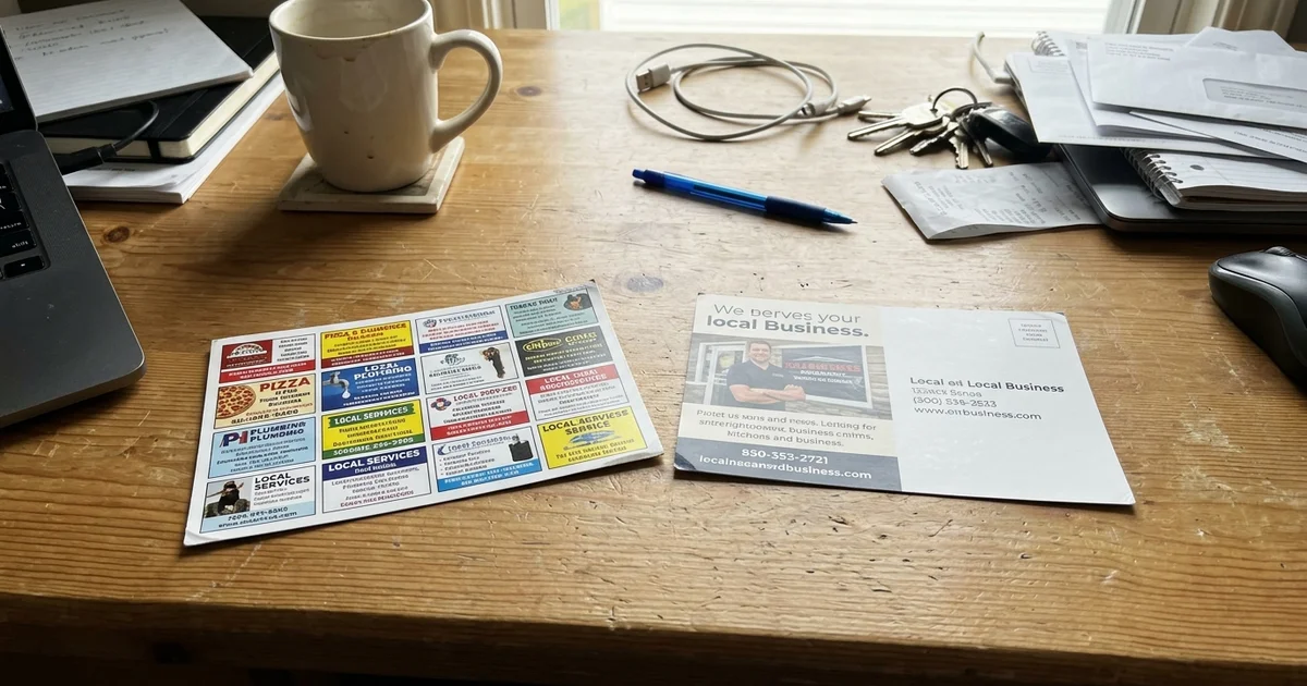 A shared multi-ad postcard next to a single-business postcard on a desk