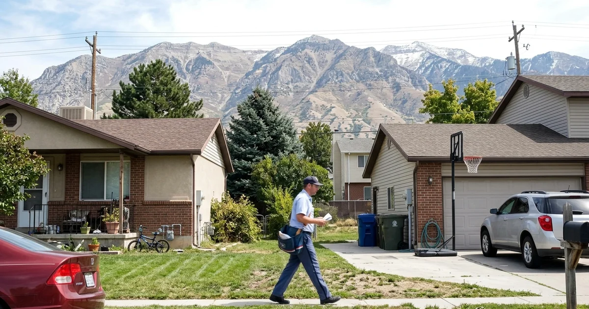Mail carrier walking between houses on a residential street in Sandy, Utah