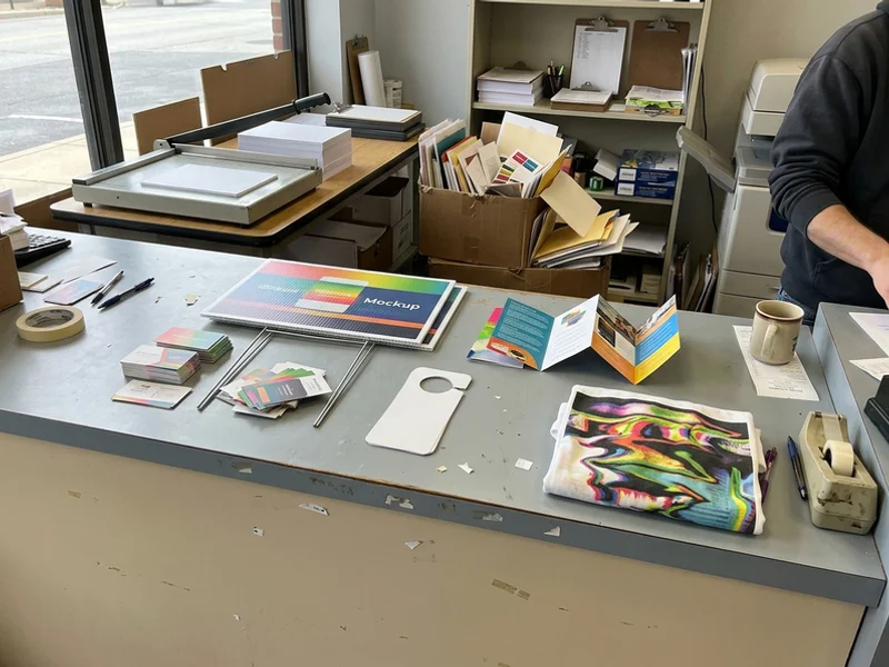 Assorted print products on a print shop counter