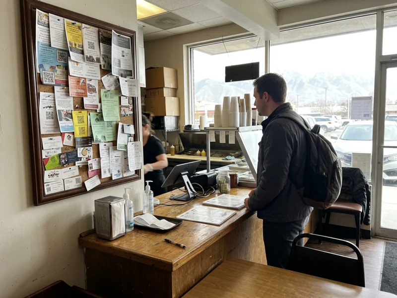 Customer glancing at a wall-mounted community board while waiting