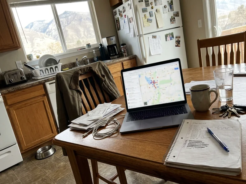 Laptop showing a blurred local map with business pins