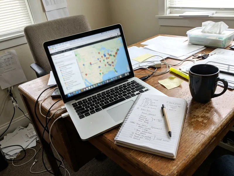 Laptop showing a blurred local map with business pins on a small office desk