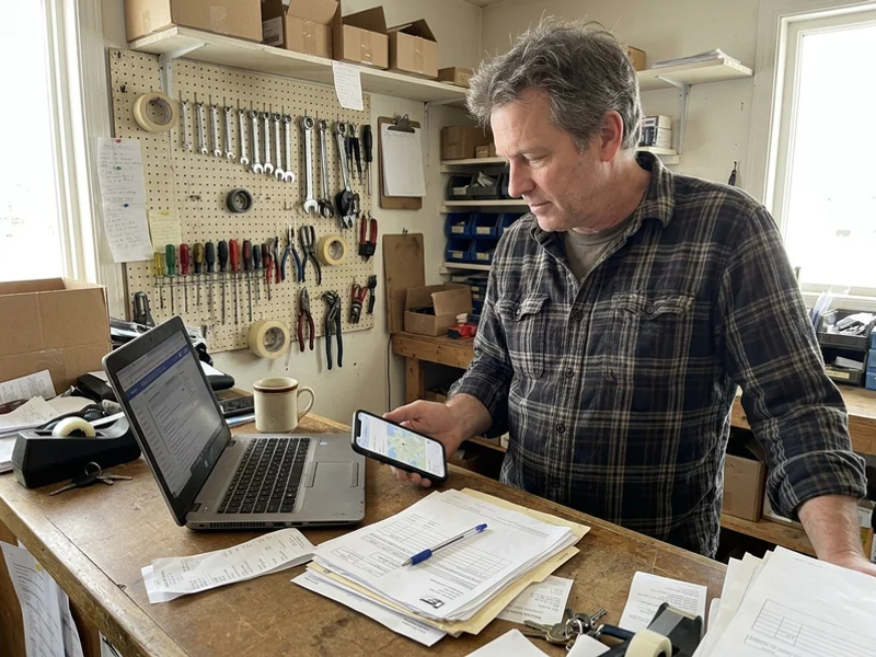 Business owner checking local search on a phone at a shop counter
