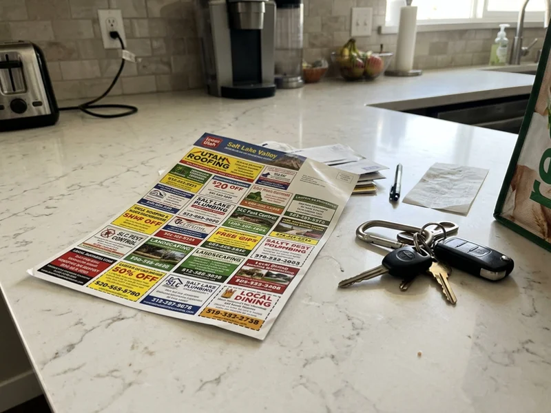 Oversized co-op postcard with local business ads on a kitchen counter