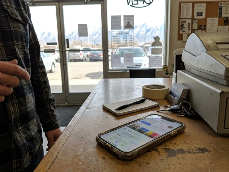 Phone showing a blurred business profile on a counter