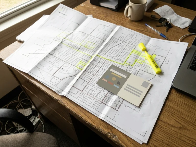 Carrier route map and postcard mockup on a desk