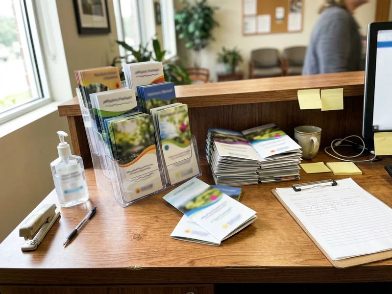 Tri-fold and bi-fold brochures on a front desk