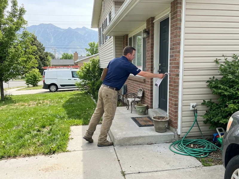 Worker hanging a door hanger on a neighbor's door after a job