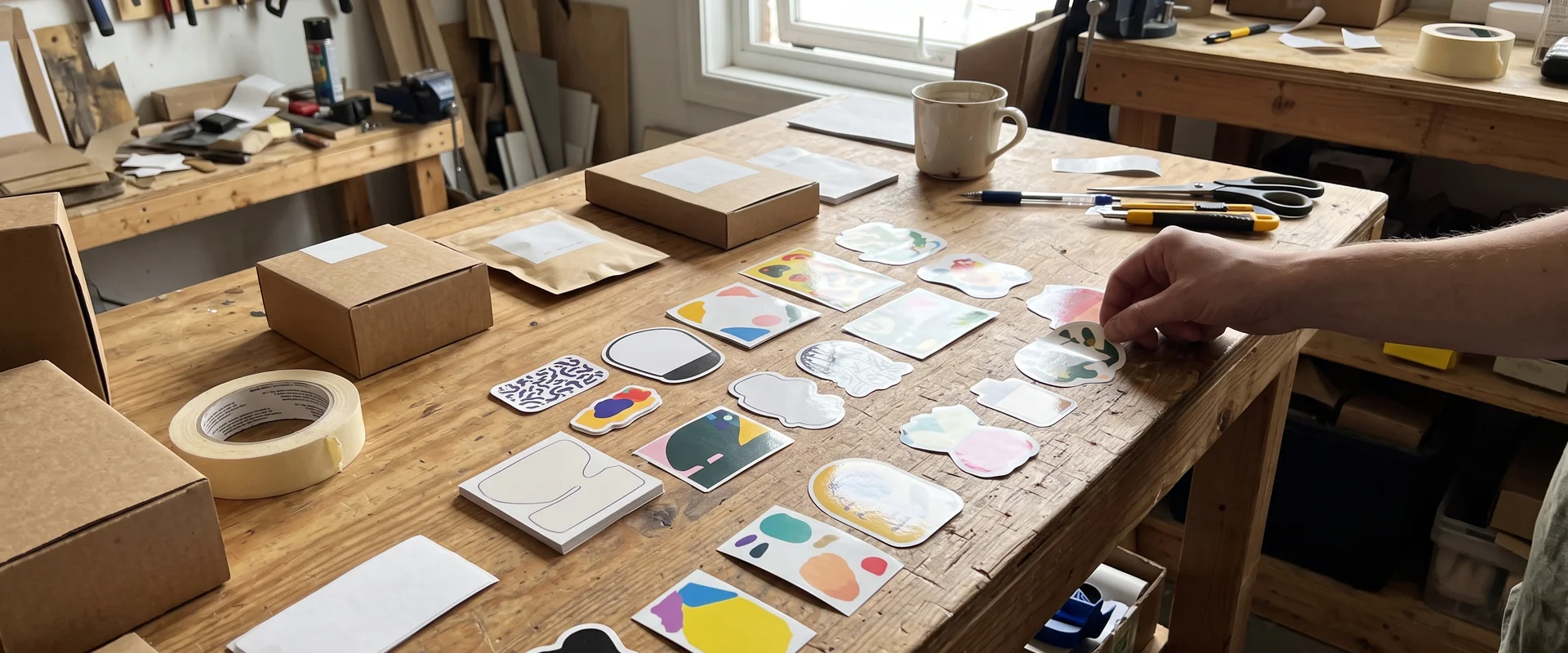 Assorted die-cut stickers and product labels on a workbench