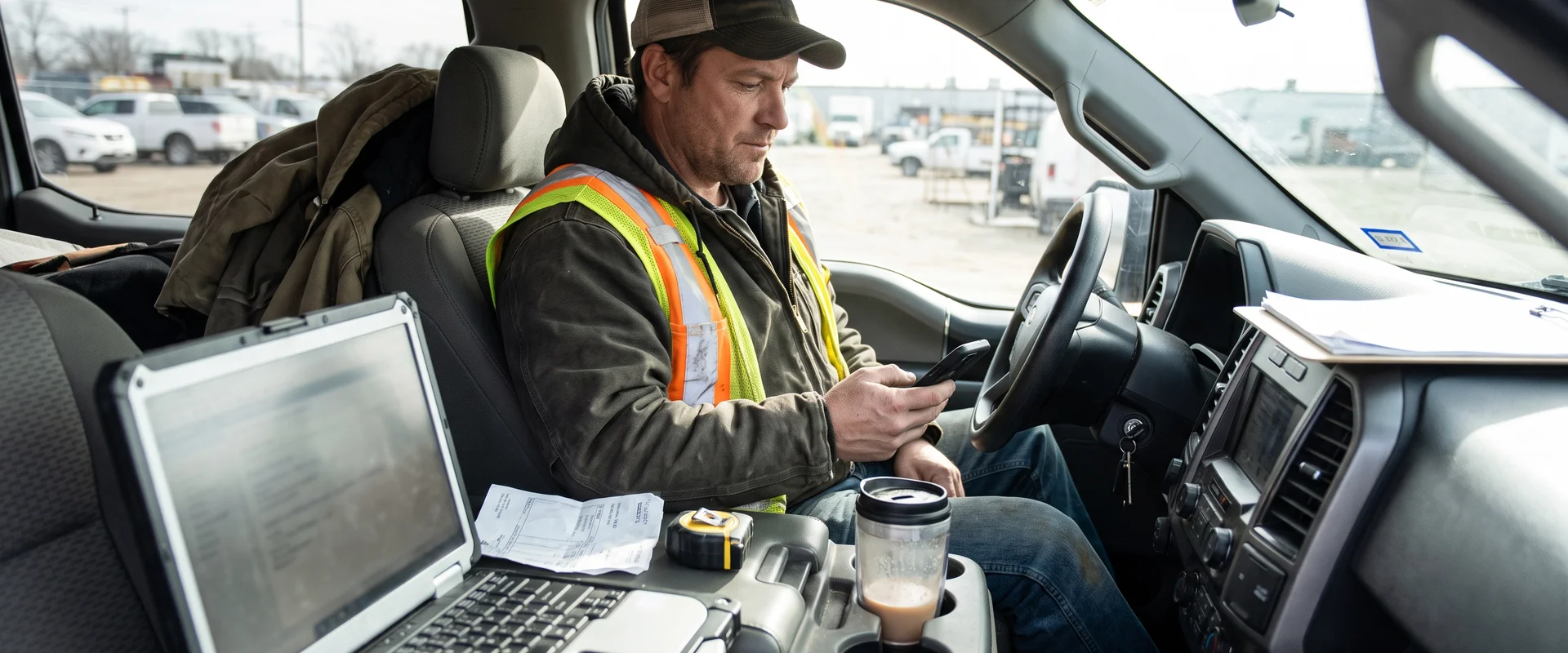Contractor checking customer messages on a phone inside a work truck