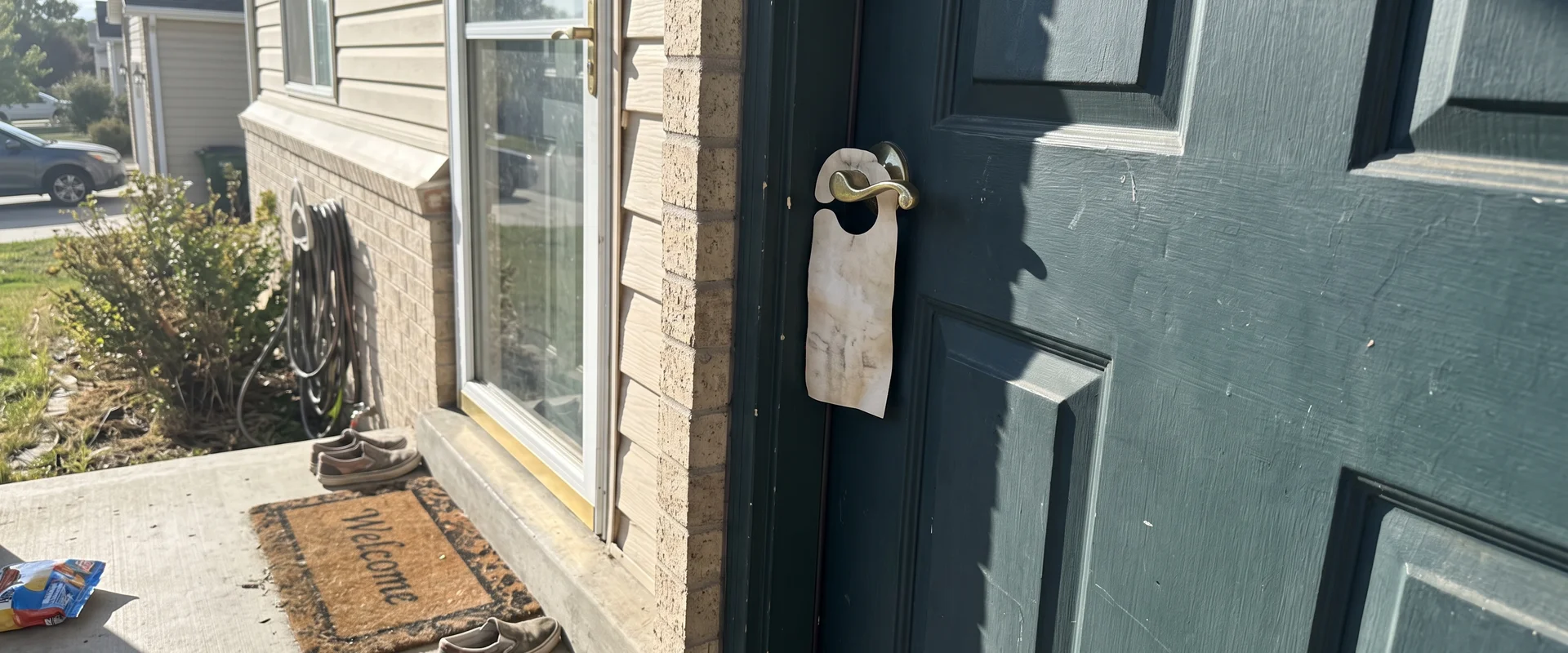 Door hanger on the front door handle of a suburban home