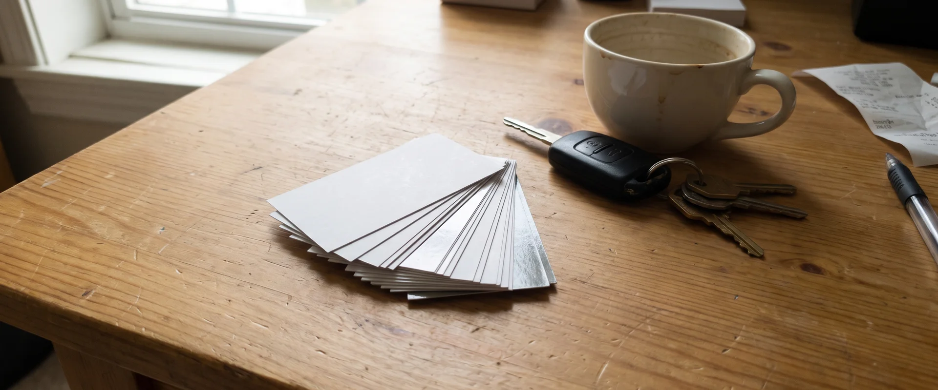Stack of matte and glossy business cards on a wooden desk