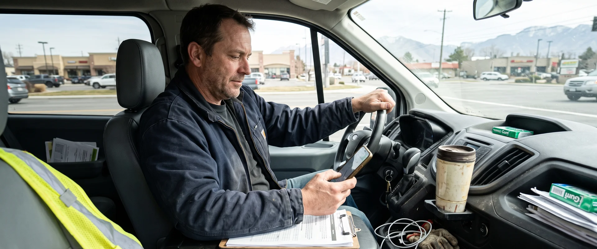 Owner checking a map search on a phone inside a work van