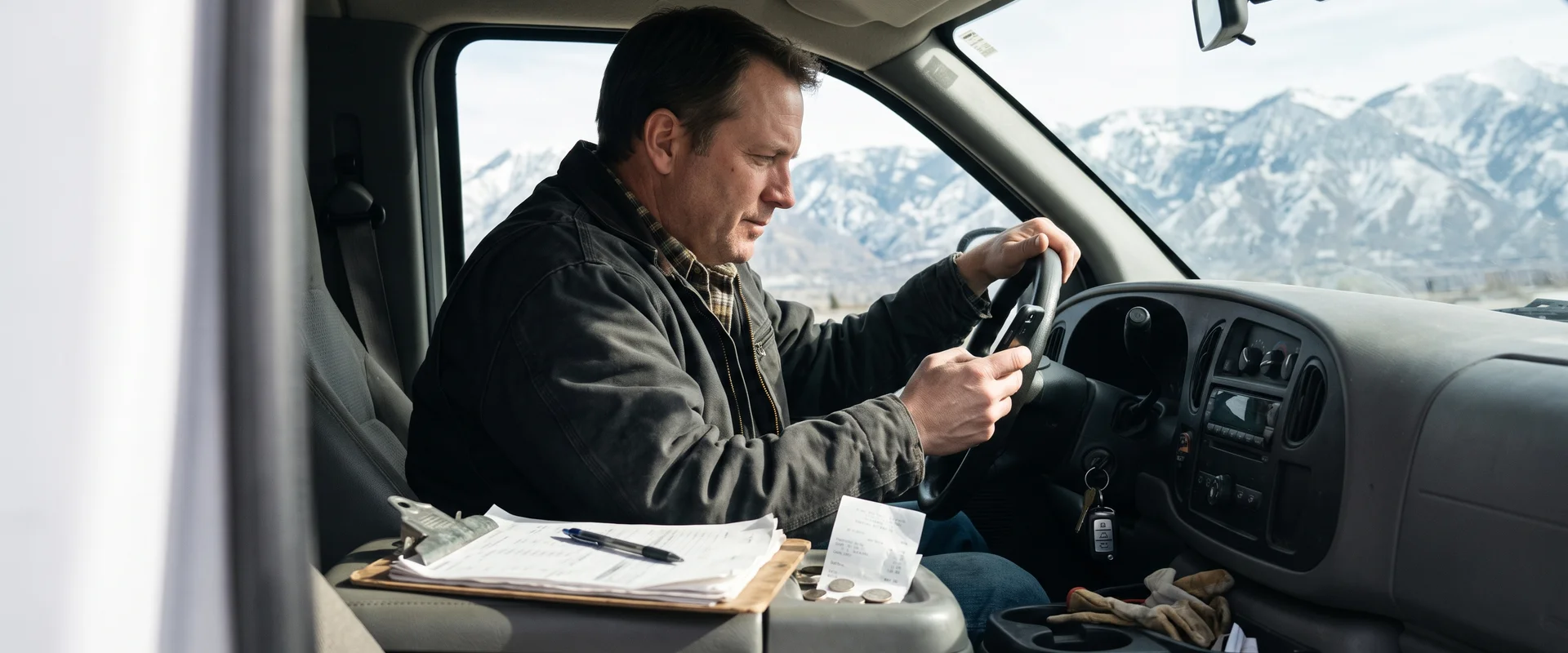 Local business owner checking map search results on a phone in a work van