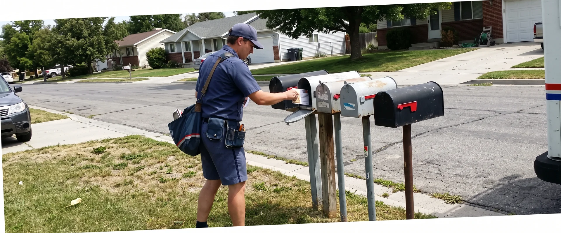 Mail carrier delivering postcards to curbside mailboxes on a residential street