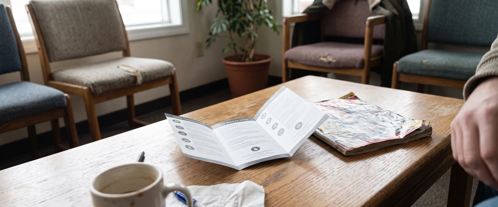 Open tri-fold brochure on a waiting room table