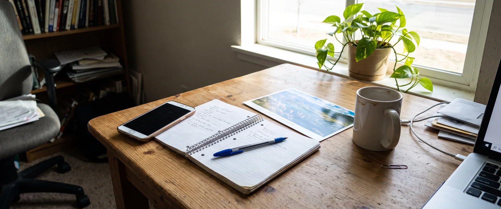 Phone, notebook and postcard on a home office desk