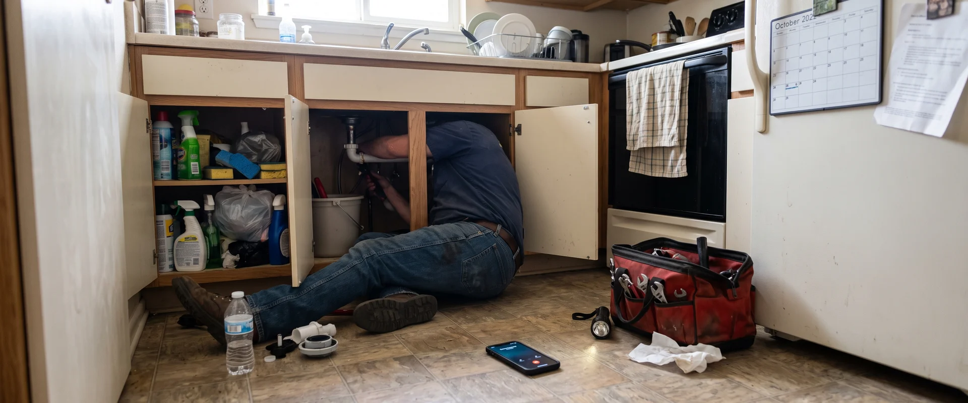 Plumber under a sink with a phone ringing nearby