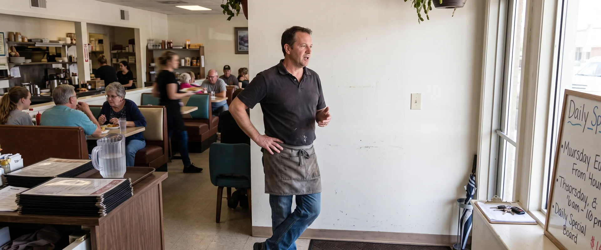 Restaurant owner by an open wall near the entrance of a local diner