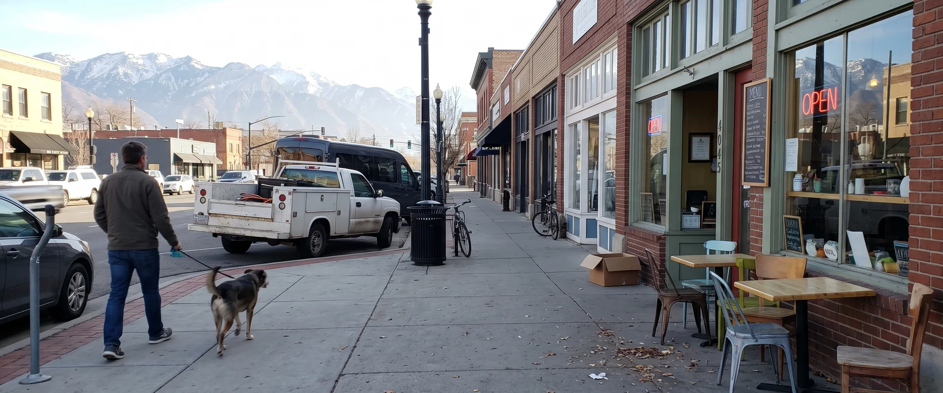 Salt Lake City small business street with mountains in the distance
