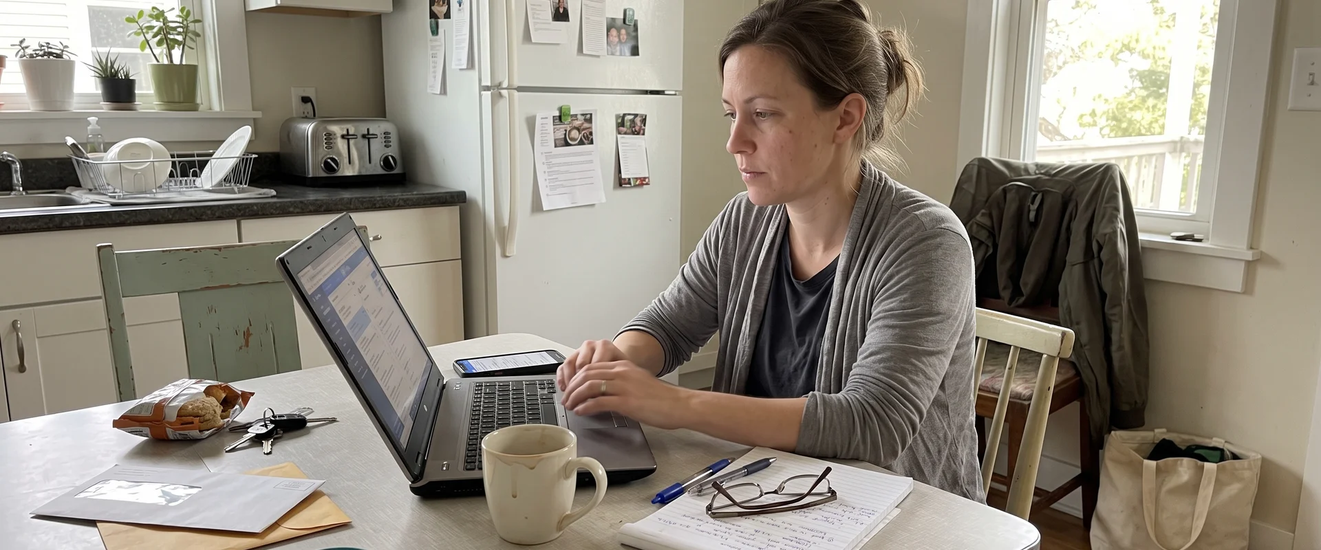 Business owner reviewing customer messages and search results at a kitchen table