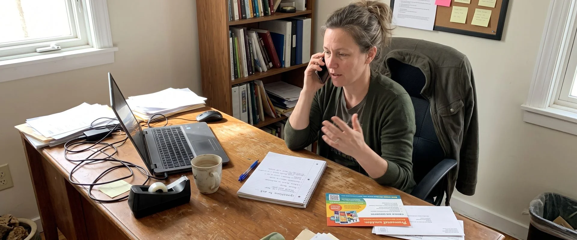 Business owner on the phone at a desk with a postcard and notepad