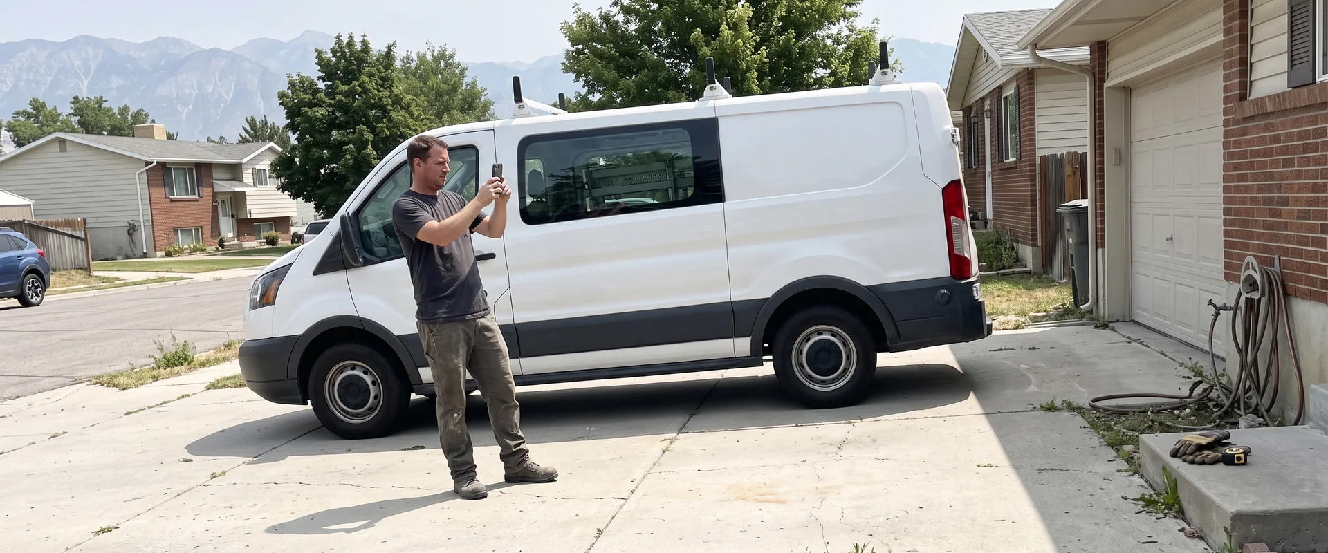 Owner photographing a work van for a Google Business Profile