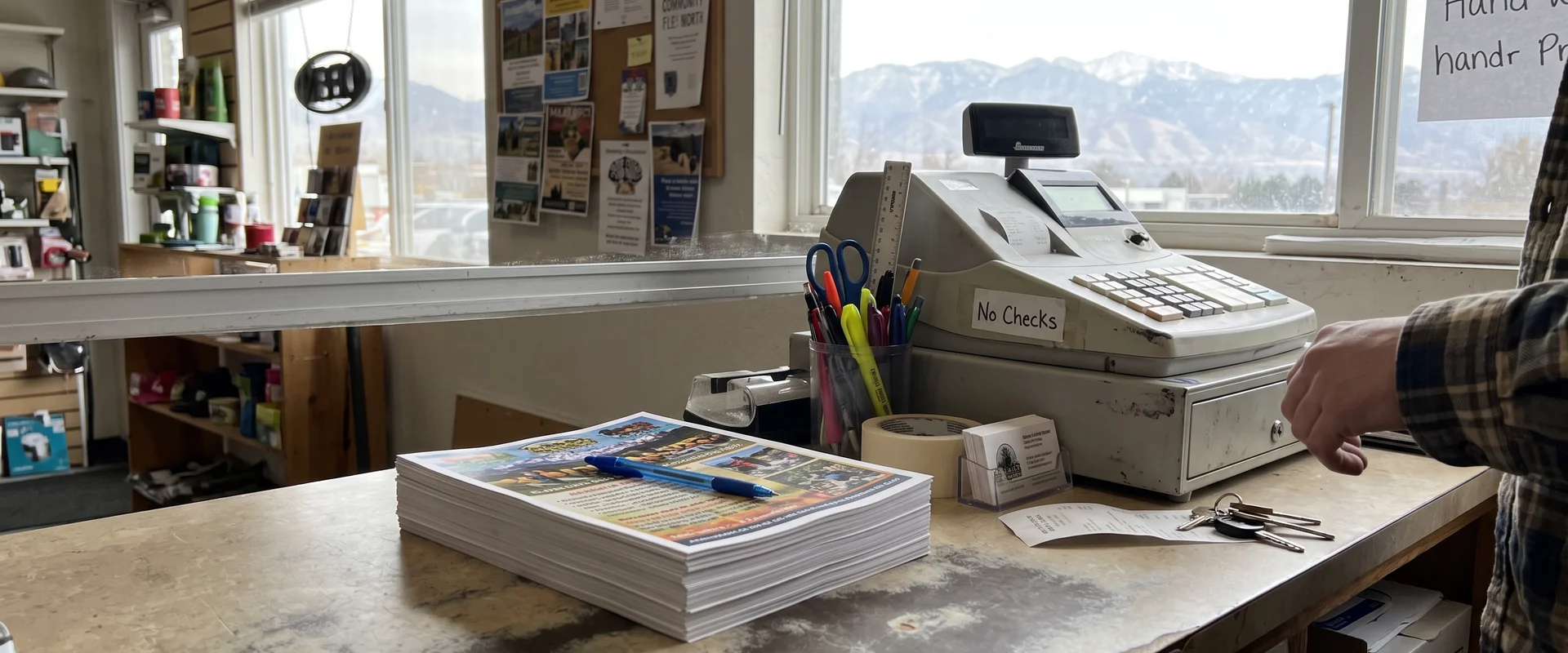 Stack of promotional flyers on a business counter