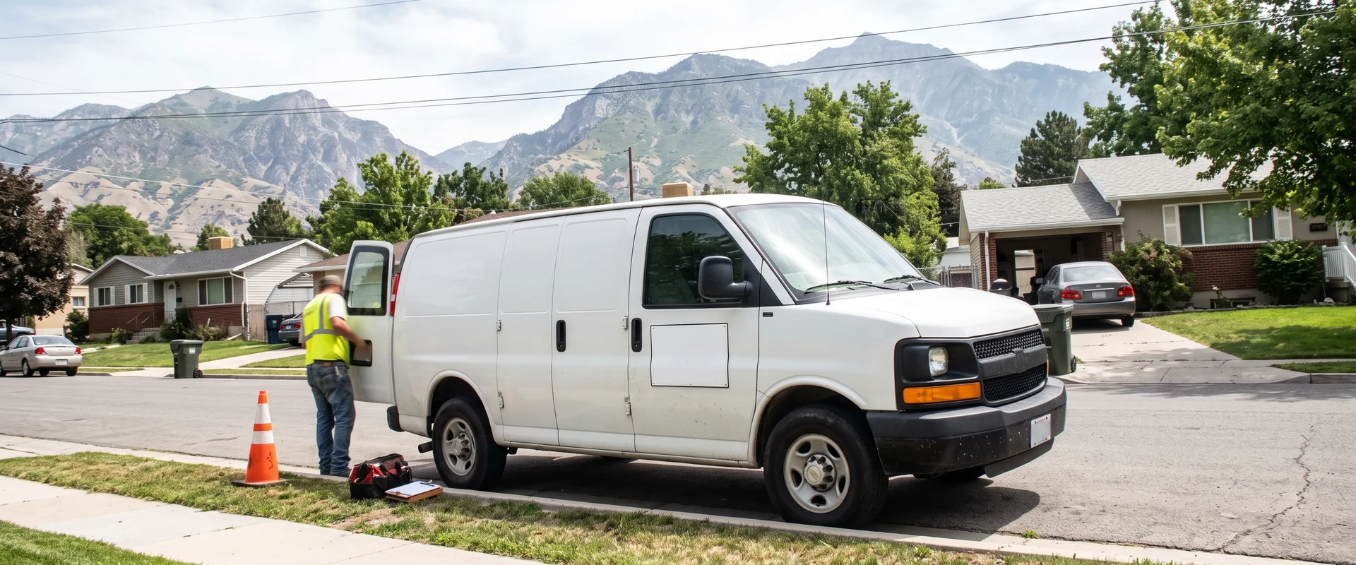 Work van with a magnetic door sign parked on a residential street