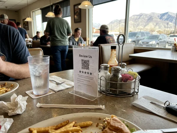Review card on a restaurant table