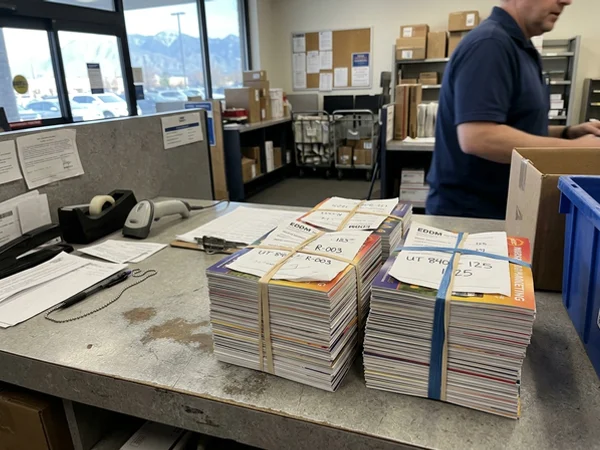 Bundled EDDM postcards at the post office