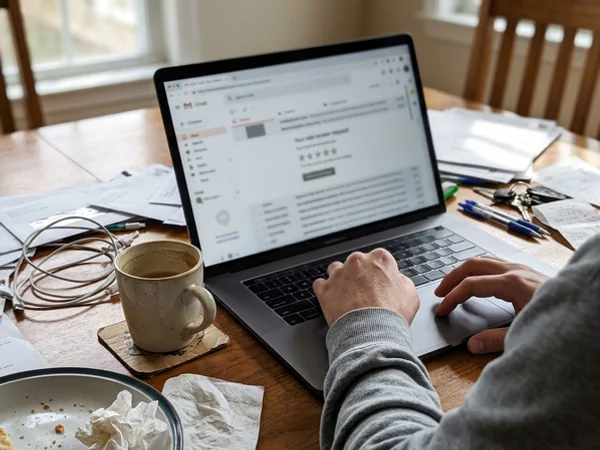 Review request email on a laptop