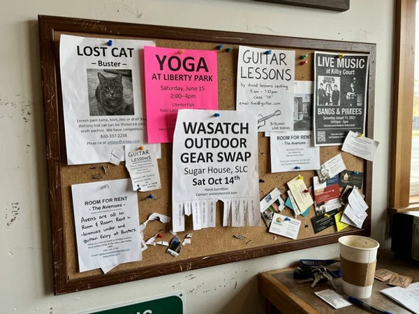 Flyer on a coffee shop bulletin board