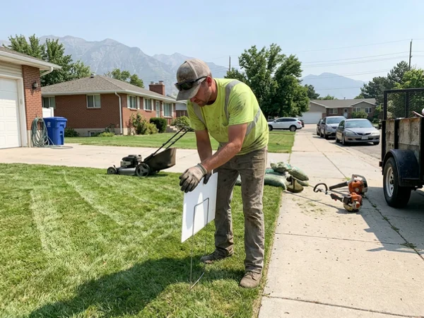 Landscaper placing a yard sign after a job