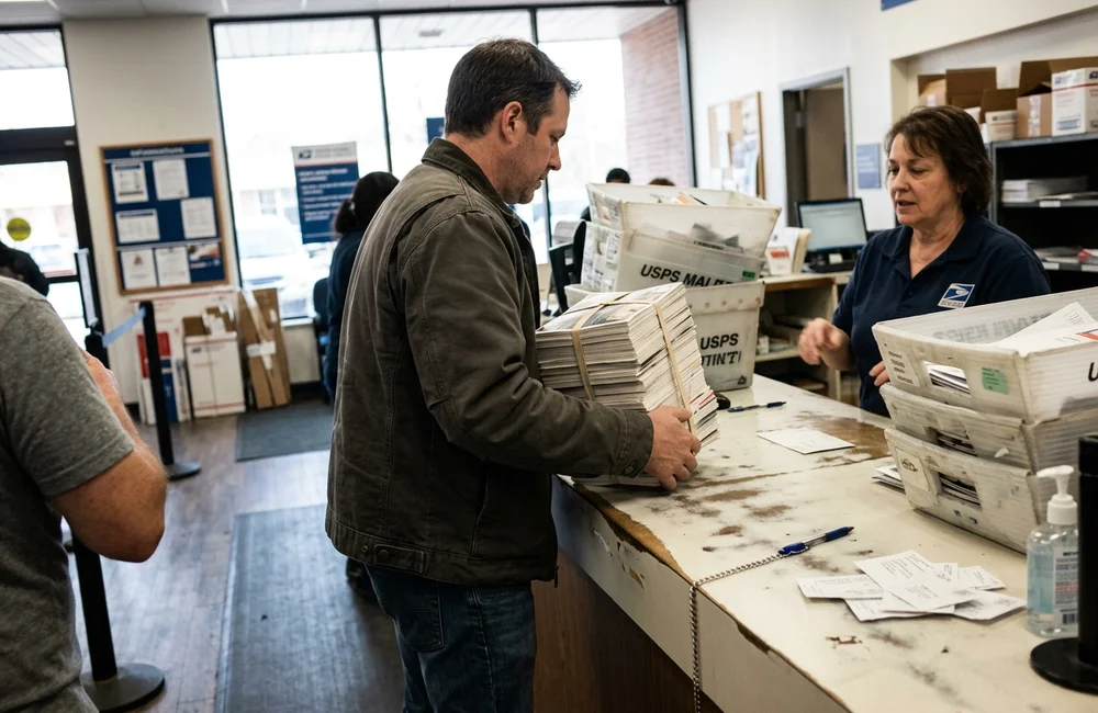 Bundled oversized postcards being carried to a post office counter