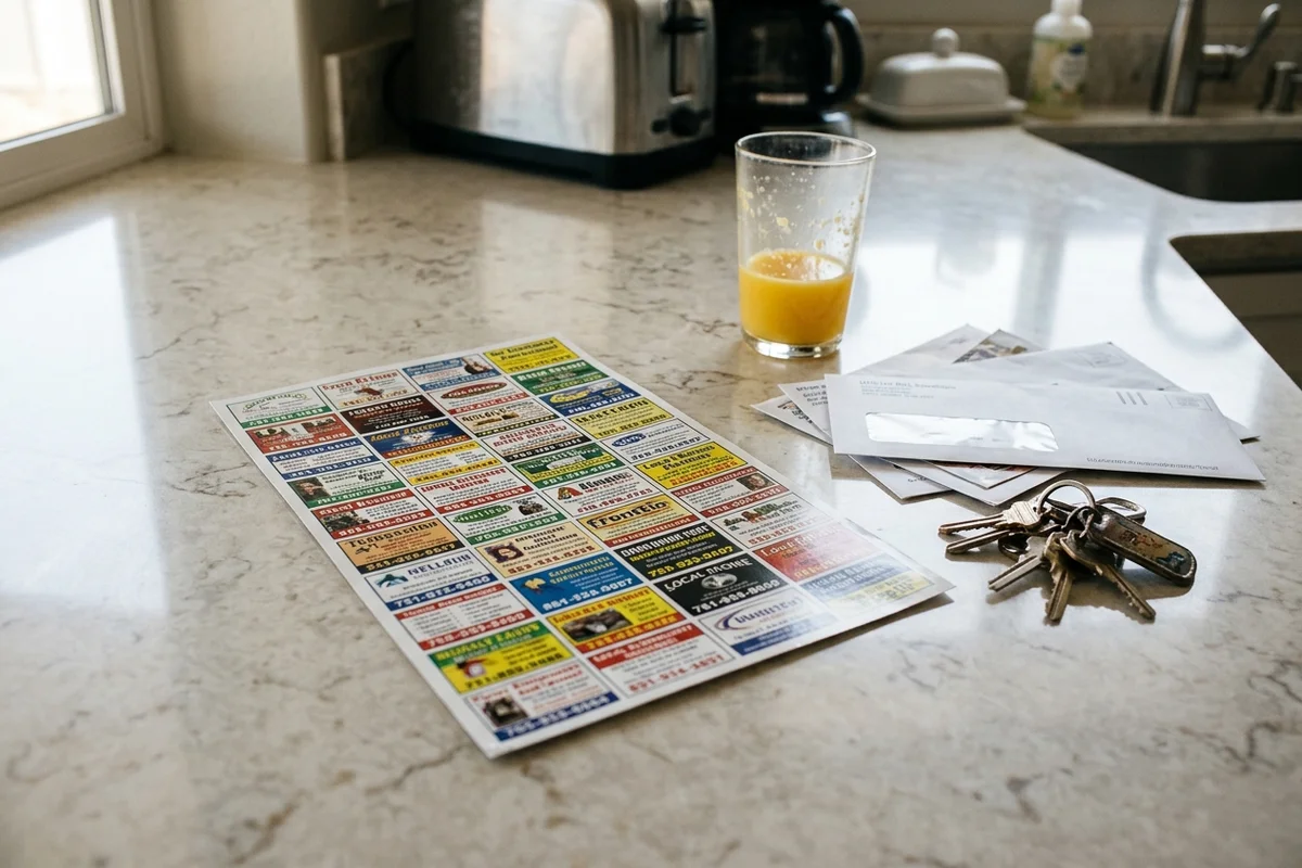 Oversized glossy Community Postcard on a kitchen countertop