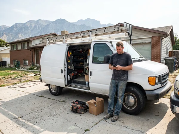 Owner replying to a message beside a work van