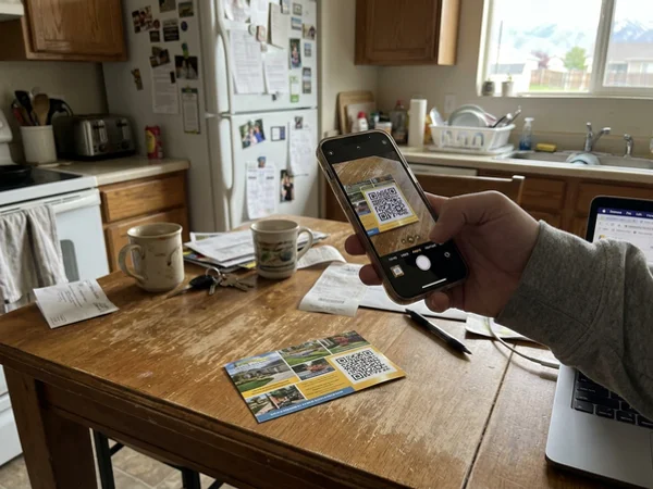 Scanning the QR code on a postcard ad