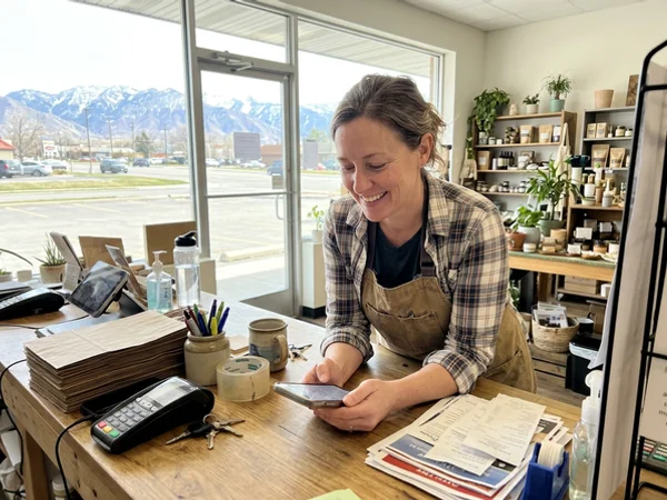 Owner reading new reviews at the counter