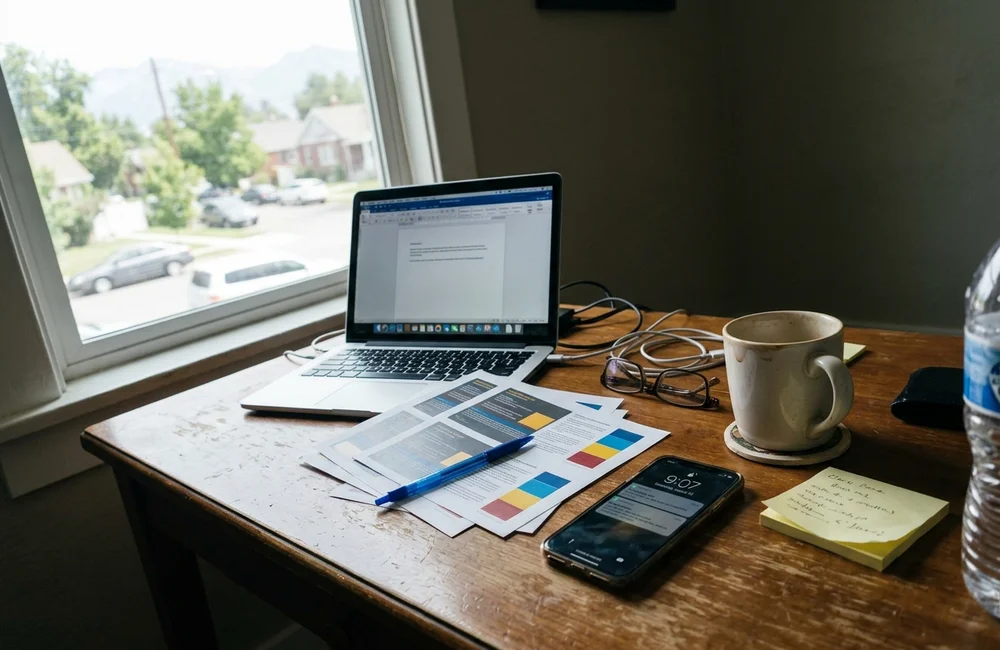 Home office desk with a laptop, postcard proofs and a phone