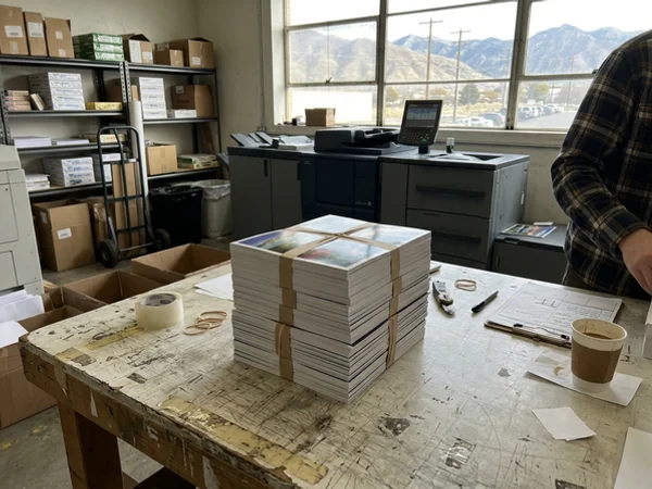 Printed postcards bundled for USPS drop-off