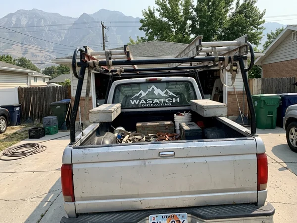 Logo sticker on a truck window